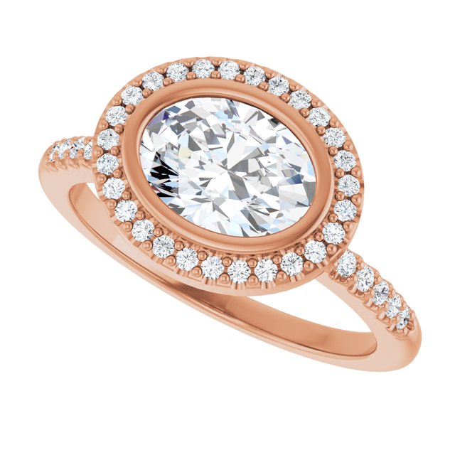 LEA Bezel Halo Oval Engagement Ring with Shoulder Diamonds - 18K Rose Gold - View 5