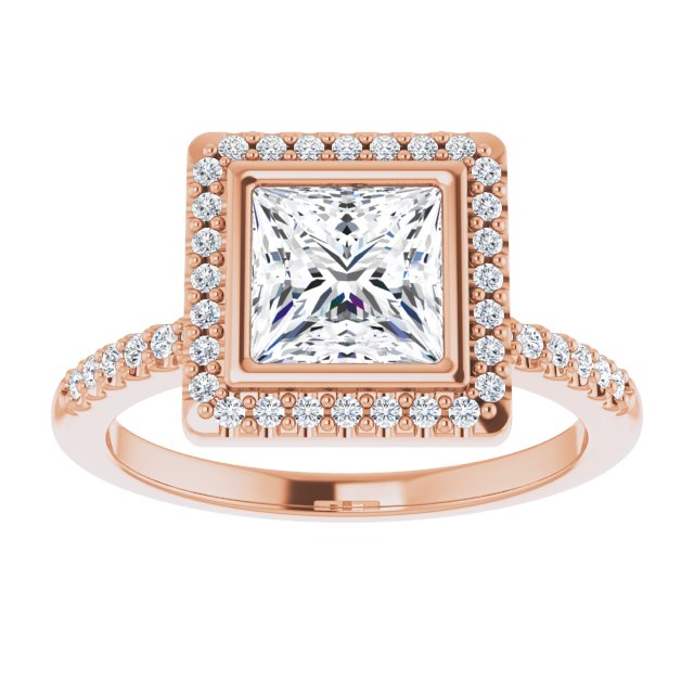 LEA Bezel Halo Square Engagement Ring with Shoulder Diamonds - 18K Rose Gold - View 3