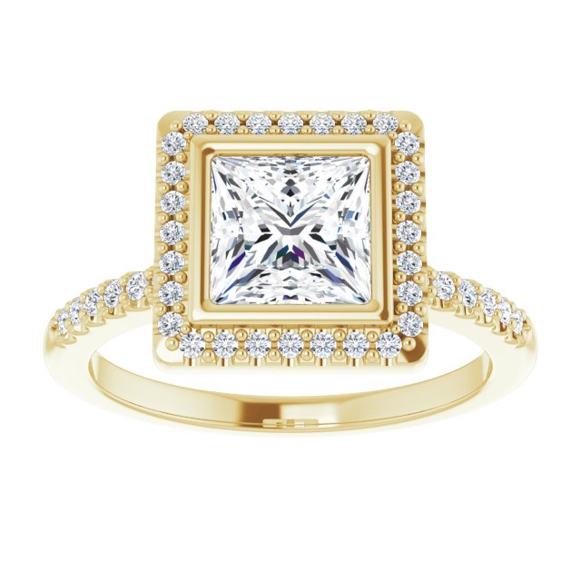LEA Bezel Halo Square Engagement Ring with Shoulder Diamonds - 18K Yellow Gold - View 3