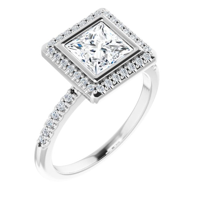 LEA Bezel Halo Square Engagement Ring with Shoulder Diamonds - Platinum - View 1