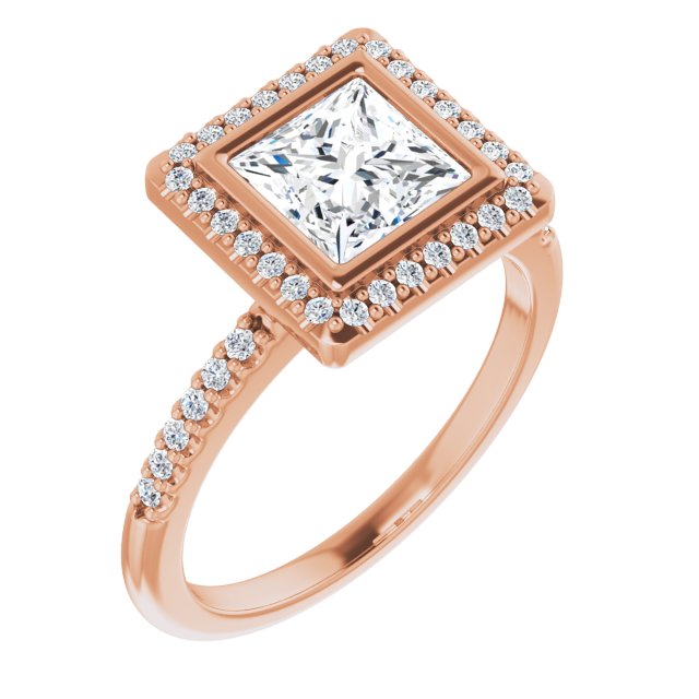 LEA Bezel Halo Square Engagement Ring with Shoulder Diamonds - 18K Rose Gold - View 1
