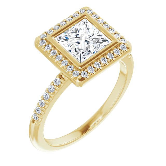 LEA Bezel Halo Square Engagement Ring with Shoulder Diamonds - 18K Yellow Gold - View 1