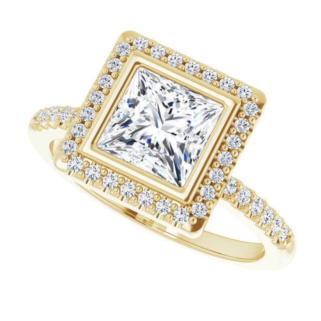 LEA Bezel Halo Square Engagement Ring with Shoulder Diamonds - 18K Yellow Gold - View 5