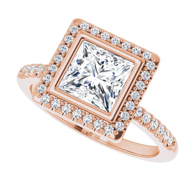 LEA Bezel Halo Square Engagement Ring with Shoulder Diamonds - 18K Rose Gold - View 5