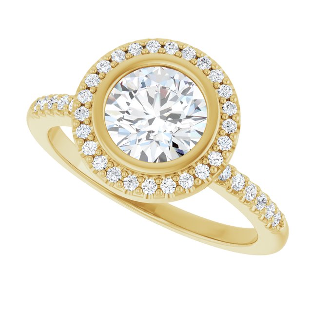 LEA Bezel Halo Round Engagement Ring with Shoulder Diamonds - 18K Yellow Gold - View 5