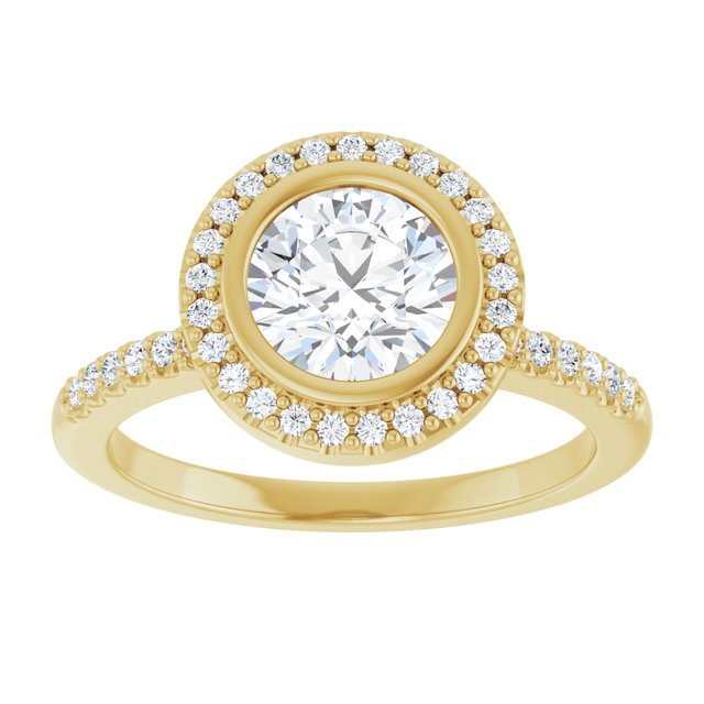 LEA Bezel Halo Round Engagement Ring with Shoulder Diamonds - 18K Yellow Gold - View 3