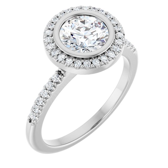 LEA Bezel Halo Round Engagement Ring with Shoulder Diamonds - Platinum - View 1