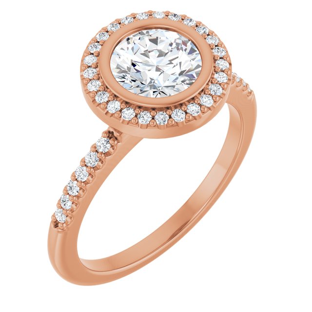 LEA Bezel Halo Round Engagement Ring with Shoulder Diamonds - 18K Rose Gold - View 1