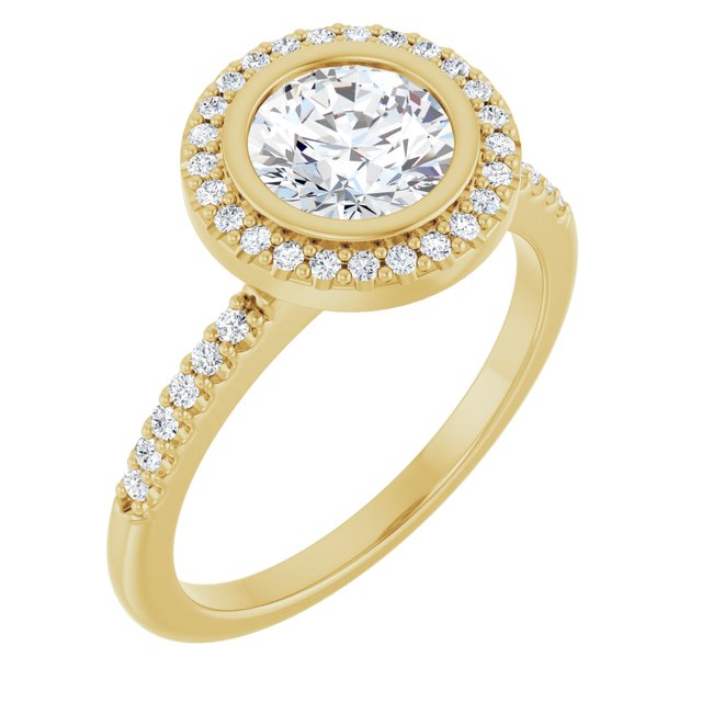 LEA Bezel Halo Round Engagement Ring with Shoulder Diamonds - 18K Yellow Gold - View 1