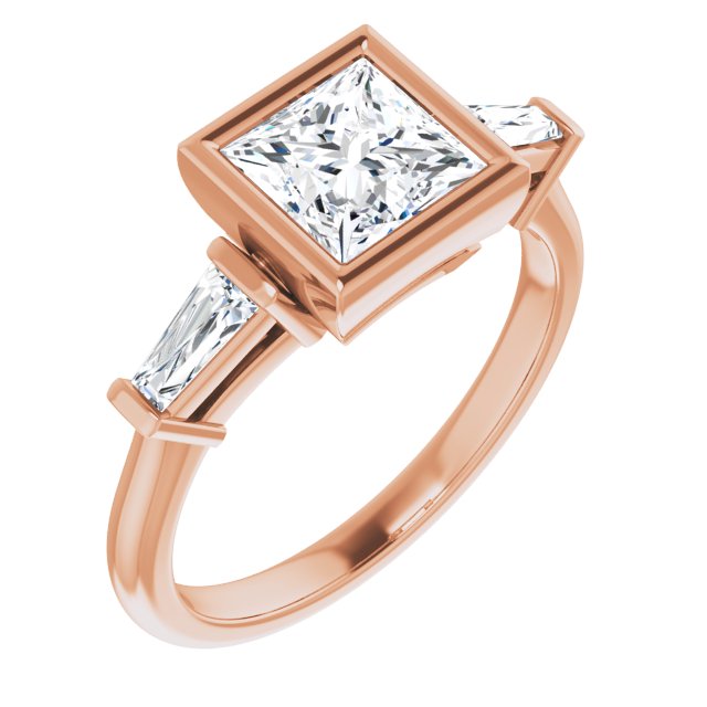 MELANIA Bezel Set Square Engagement Ring with Tapered Baguettes - 18K Rose Gold - View 1