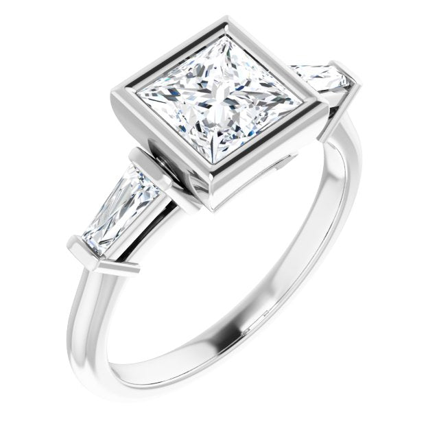 MELANIA Bezel Set Square Engagement Ring with Tapered Baguettes - Platinum - View 1