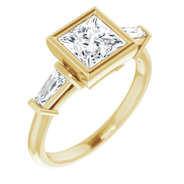 MELANIA Bezel Set Square Engagement Ring with Tapered Baguettes - 18K Yellow Gold - View 1