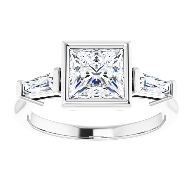 MELANIA Bezel Set Square Engagement Ring with Tapered Baguettes - Platinum - View 3