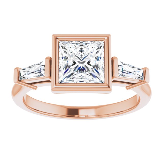 MELANIA Bezel Set Square Engagement Ring with Tapered Baguettes - 18K Rose Gold - View 3
