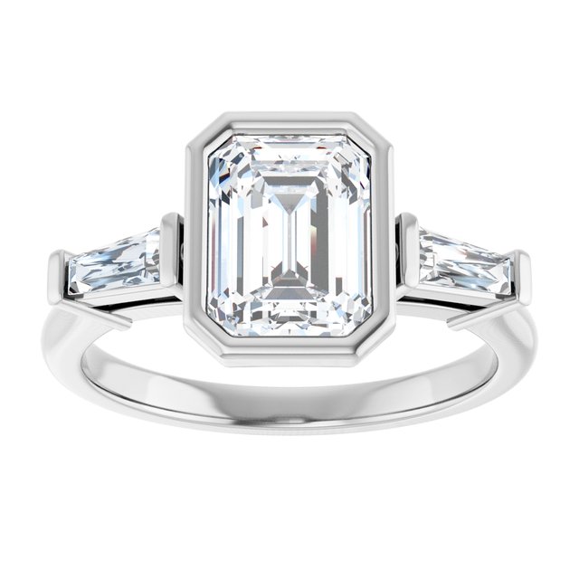 MELANIA Bezel Set Emerald Engagement Ring with Tapered Baguettes - Platinum - View 3