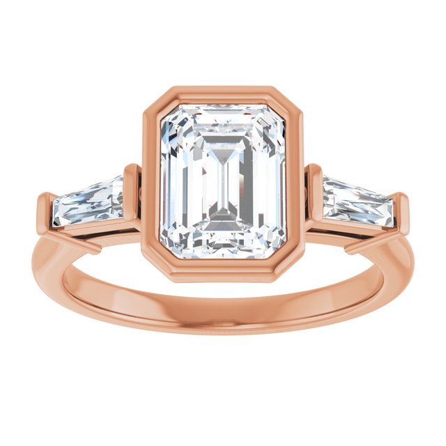 MELANIA Bezel Set Emerald Engagement Ring with Tapered Baguettes - 18K Rose Gold - View 3