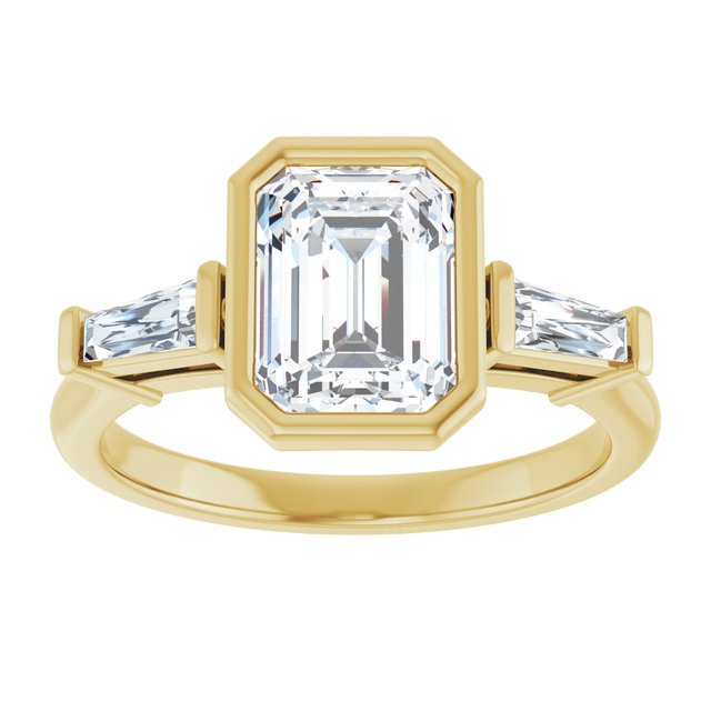 MELANIA Bezel Set Emerald Engagement Ring with Tapered Baguettes - 18K Yellow Gold - View 3