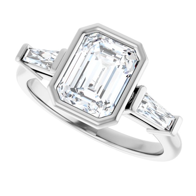 MELANIA Bezel Set Emerald Engagement Ring with Tapered Baguettes - Platinum - View 5
