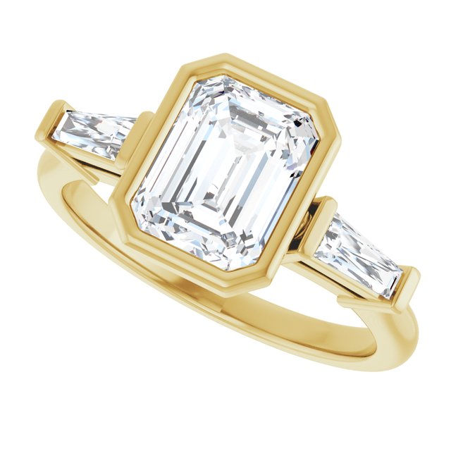 MELANIA Bezel Set Emerald Engagement Ring with Tapered Baguettes - 18K Yellow Gold - View 5