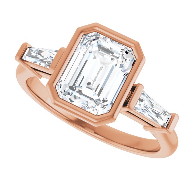 MELANIA Bezel Set Emerald Engagement Ring with Tapered Baguettes - 18K Rose Gold - View 5