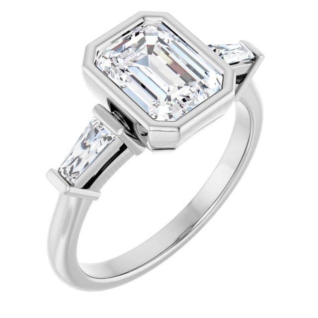 MELANIA Bezel Set Emerald Engagement Ring with Tapered Baguettes - Platinum - View 1