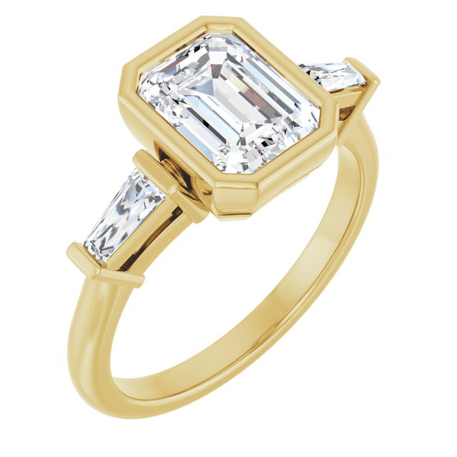 MELANIA Bezel Set Emerald Engagement Ring with Tapered Baguettes - 18K Yellow Gold - View 1