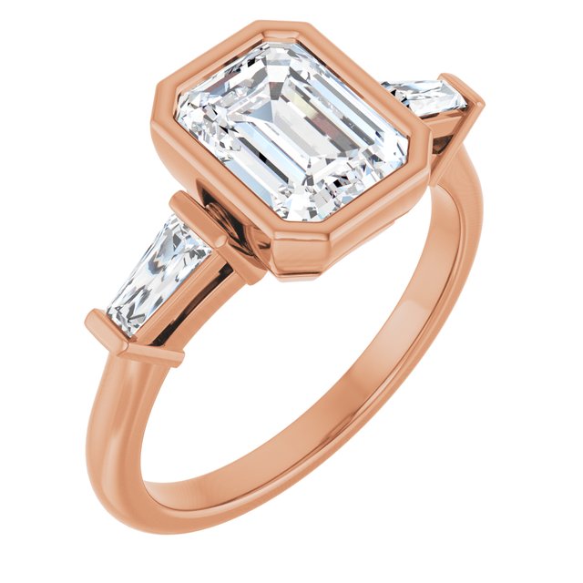 MELANIA Bezel Set Emerald Engagement Ring with Tapered Baguettes - 18K Rose Gold - View 1