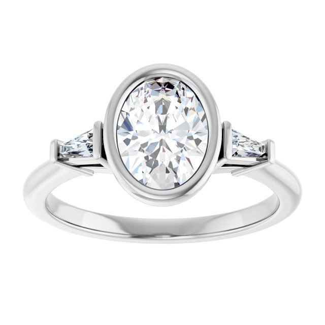 MELANIA Bezel Set Oval Engagement Ring with Tapered Baguettes - Platinum - View 3