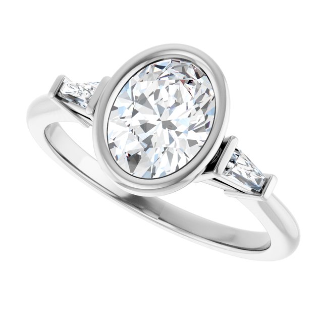 MELANIA Bezel Set Oval Engagement Ring with Tapered Baguettes - Platinum - View 5