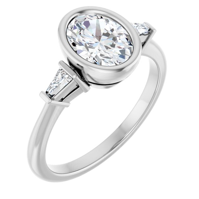 MELANIA Bezel Set Oval Engagement Ring with Tapered Baguettes - Platinum - View 1
