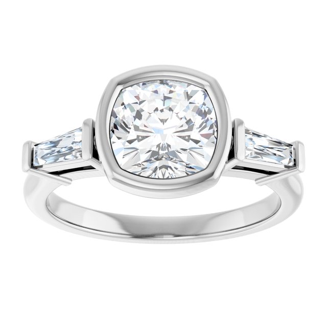 MELANIA Bezel Set Cushion Engagement Ring with Tapered Baguettes - Platinum - View 3