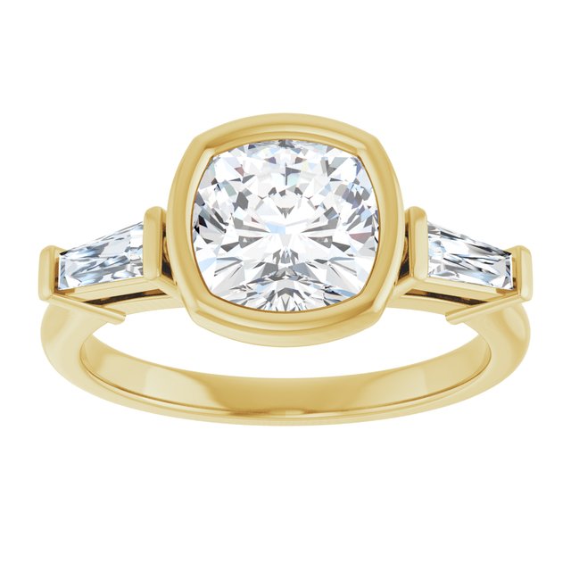 MELANIA Bezel Set Cushion Engagement Ring with Tapered Baguettes - 18K Yellow Gold - View 3