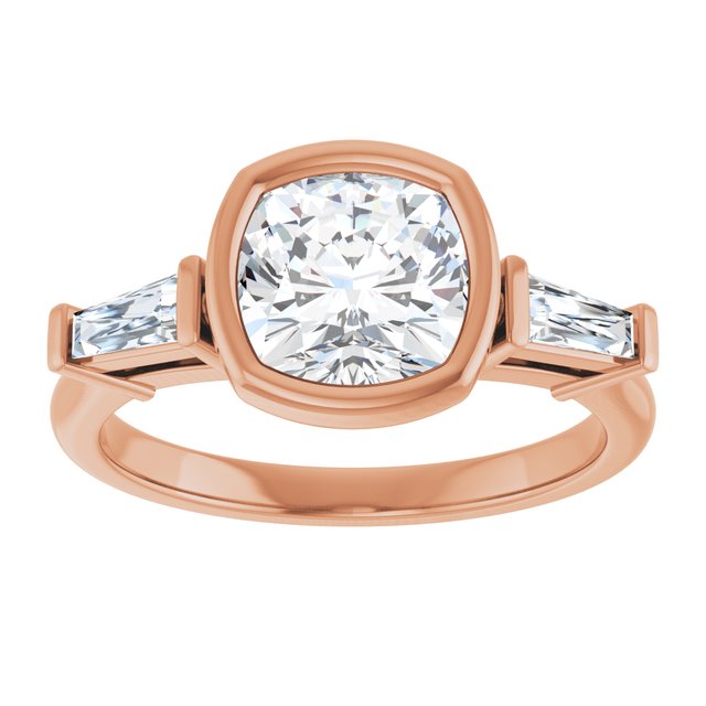 MELANIA Bezel Set Cushion Engagement Ring with Tapered Baguettes - 18K Rose Gold - View 3