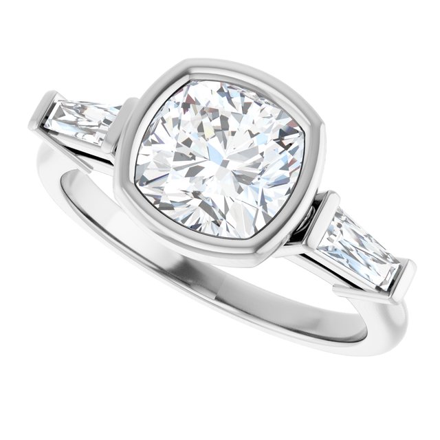 MELANIA Bezel Set Cushion Engagement Ring with Tapered Baguettes - Platinum - View 5