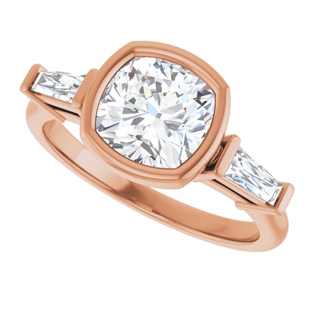 MELANIA Bezel Set Cushion Engagement Ring with Tapered Baguettes - 18K Rose Gold - View 5