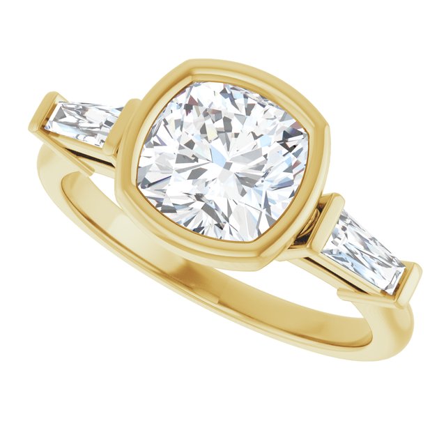 MELANIA Bezel Set Cushion Engagement Ring with Tapered Baguettes - 18K Yellow Gold - View 5