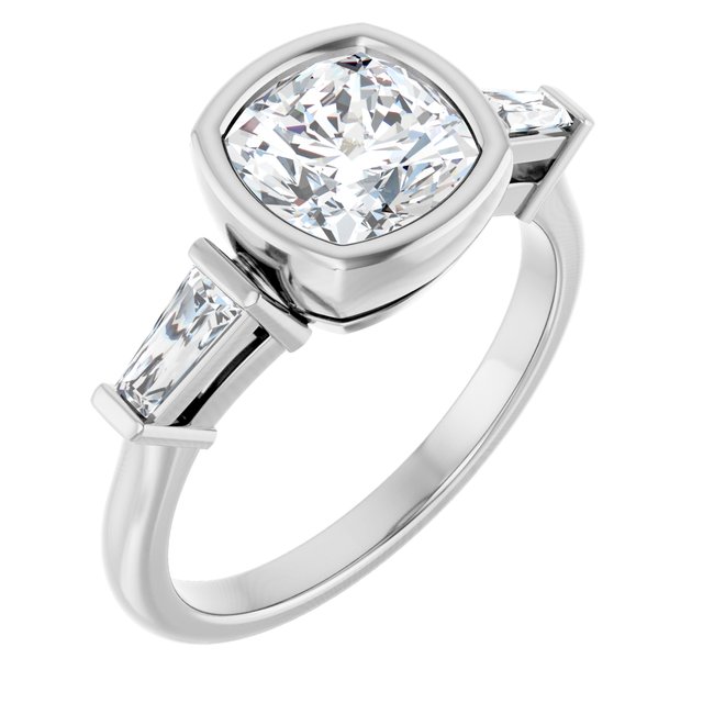 MELANIA Bezel Set Cushion Engagement Ring with Tapered Baguettes - Platinum - View 1