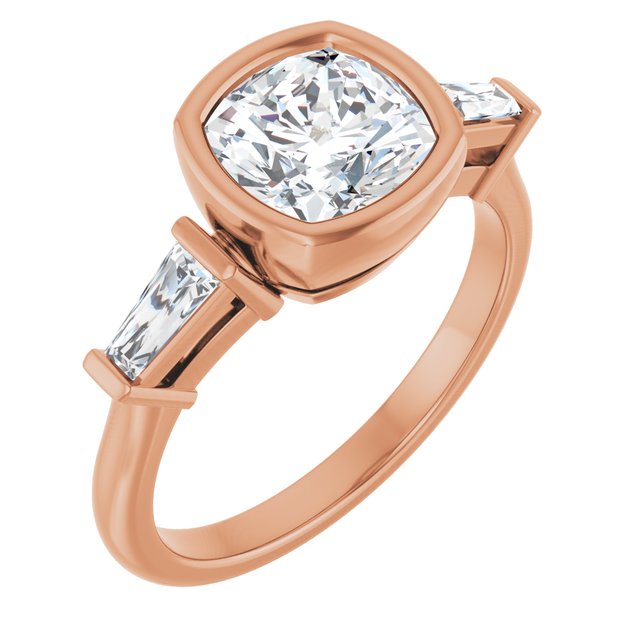 MELANIA Bezel Set Cushion Engagement Ring with Tapered Baguettes - 18K Rose Gold - View 1