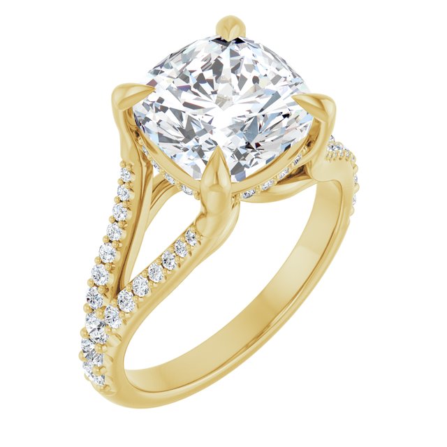 SOPHIA Solitaire Cushion Engagement Ring with Split Diamond Band - 18K Yellow Gold - View 1