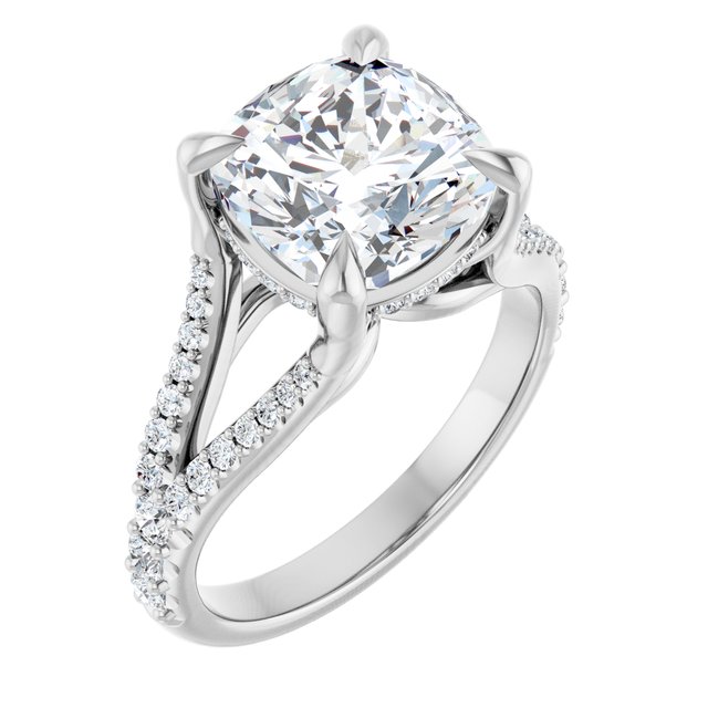 SOPHIA Solitaire Cushion Engagement Ring with Split Diamond Band - Platinum - View 1