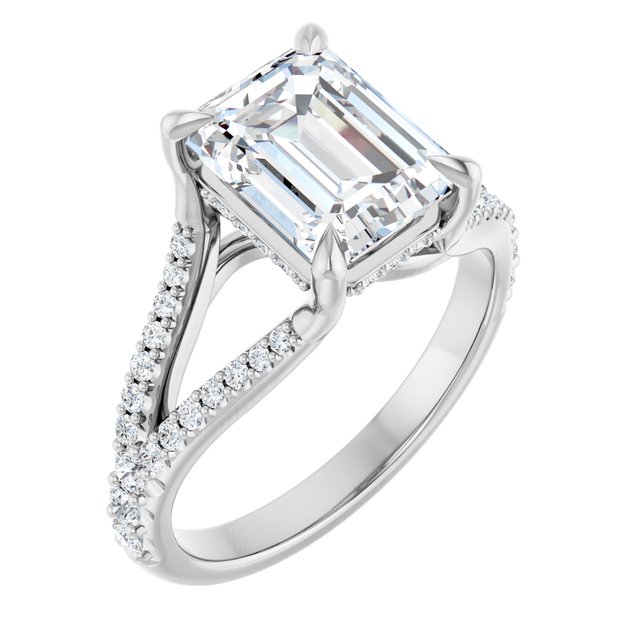 SOPHIA Solitaire Emerald Engagement Ring with Split Diamond Band - Platinum - View 1