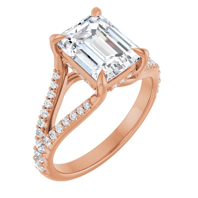 SOPHIA Solitaire Emerald Engagement Ring with Split Diamond Band - 18K Rose Gold - View 1