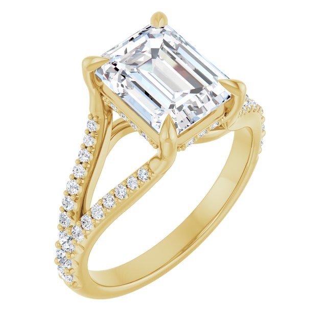 SOPHIA Solitaire Emerald Engagement Ring with Split Diamond Band - 18K Yellow Gold - View 1