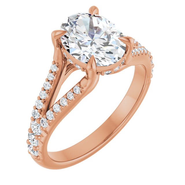 SOPHIA Solitaire Oval Engagement Ring with Split Diamond Band - 18K Rose Gold - View 1