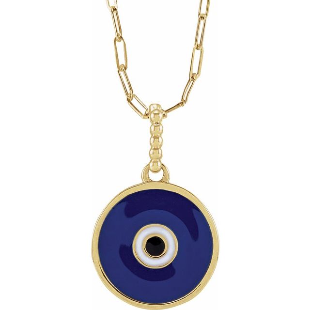 10K Yellow Gold 16.5 X 12.3 mm EVIL EYE Enamel Pendant with Paperclip chain Jewelry