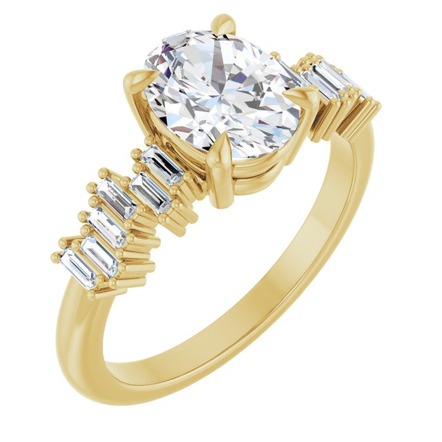 KALIA Solitaire Oval Engagement Ring with Uneven Baguette Band - 18K Yellow Gold - View 1