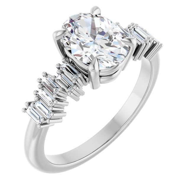 KALIA Solitaire Oval Engagement Ring with Uneven Baguette Band - Platinum - View 1