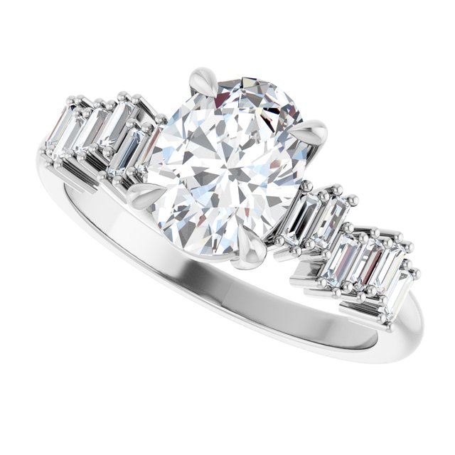 KALIA Solitaire Oval Engagement Ring with Uneven Baguette Band - Platinum - View 5