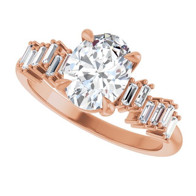 KALIA Solitaire Oval Engagement Ring with Uneven Baguette Band - 18K Rose Gold - View 5