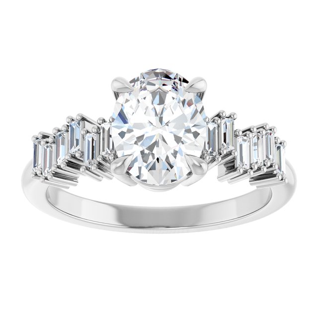 KALIA Solitaire Oval Engagement Ring with Uneven Baguette Band - Platinum - View 3